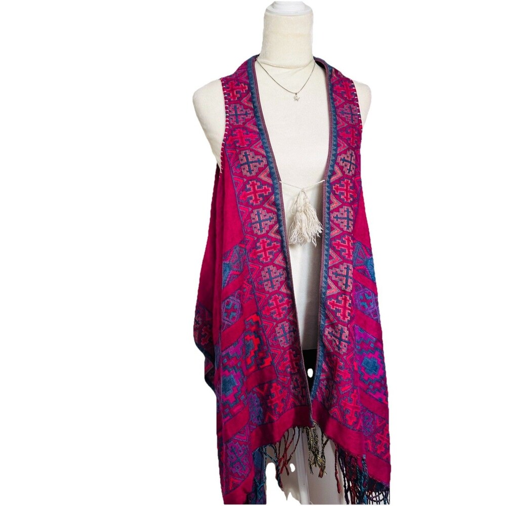 Women's Magenta Pink South western Fringe Shawl Geometric Wrap Boho Long Fringe - Picture 4 of 9